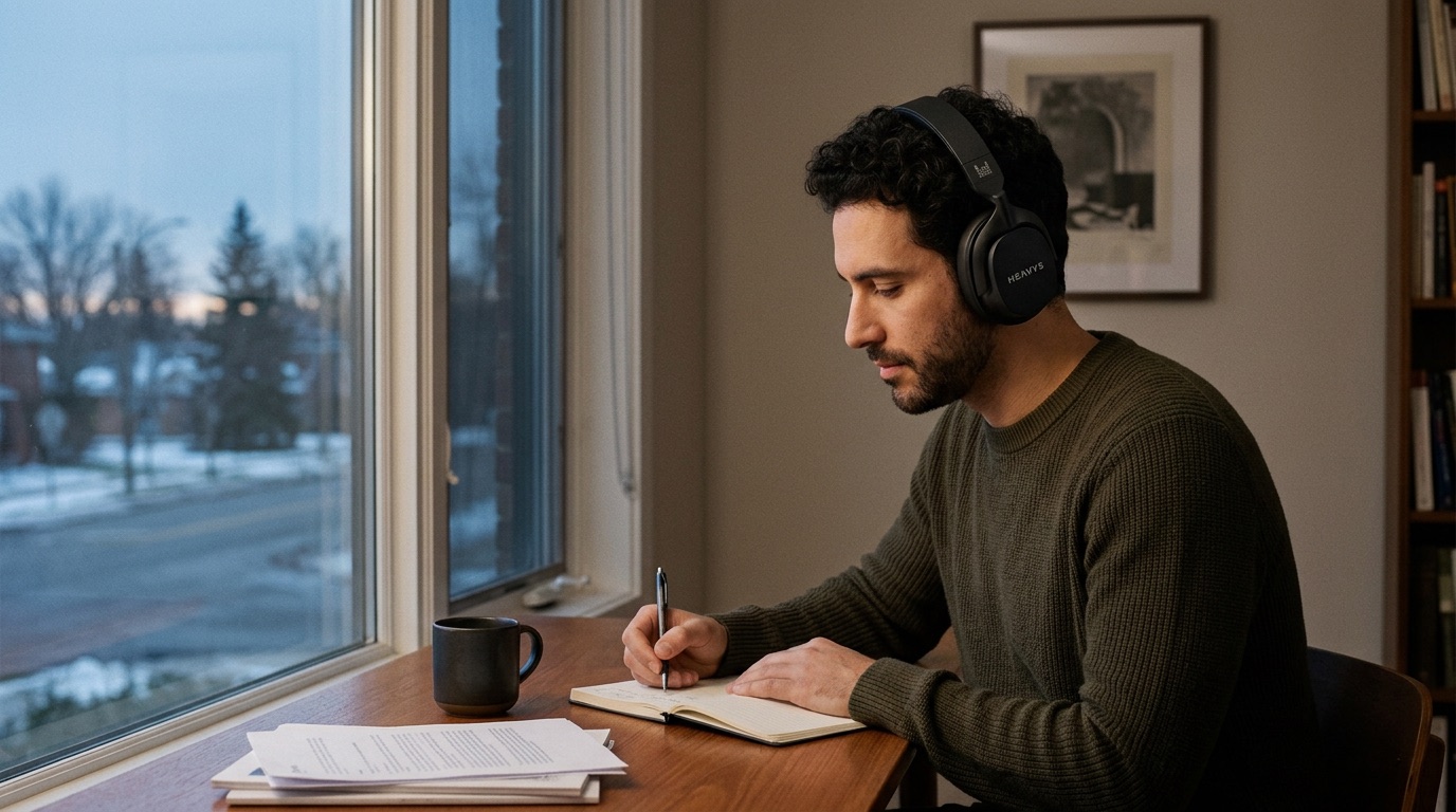 A person working at a desk by a window in low evening light, wearing Heavys H1H headphones
