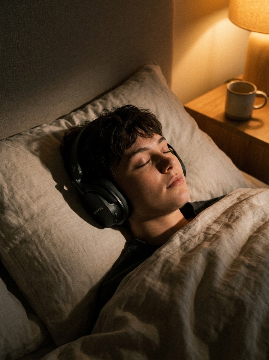 A person lying in bed under warm lamp light with their eyes closed, wearing Heavys H1H headphones