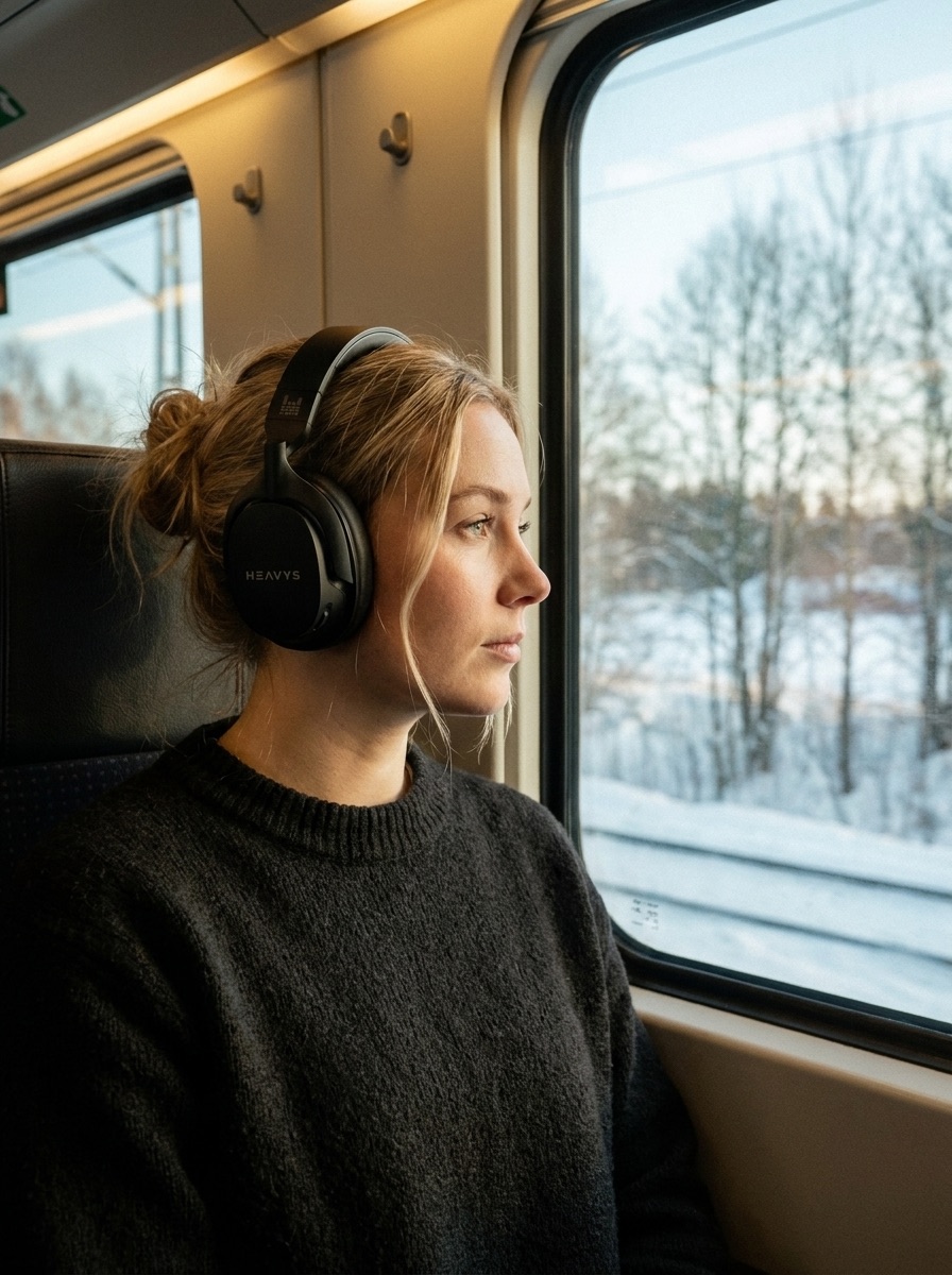 A person sitting by a train window in winter light, wearing Heavys H1H headphones