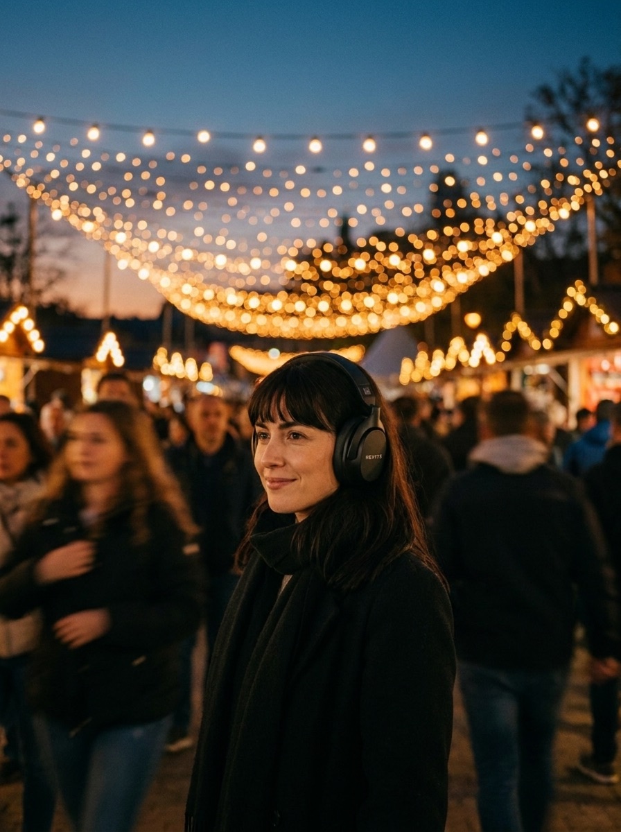 A person standing calmly in a crowd at an outdoor evening event, wearing Heavys H1H headphones
