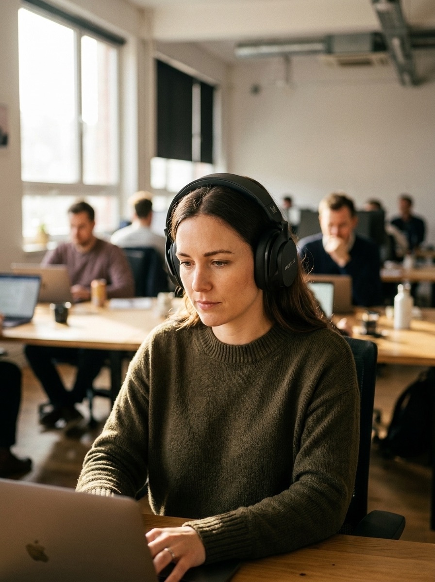 A person working at a laptop in a busy open-plan office, wearing Heavys H1H headphones