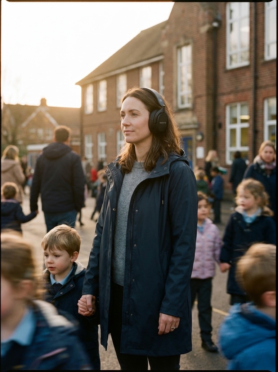 A parent standing in a busy school yard holding a child's hand, wearing Heavys H1H headphones