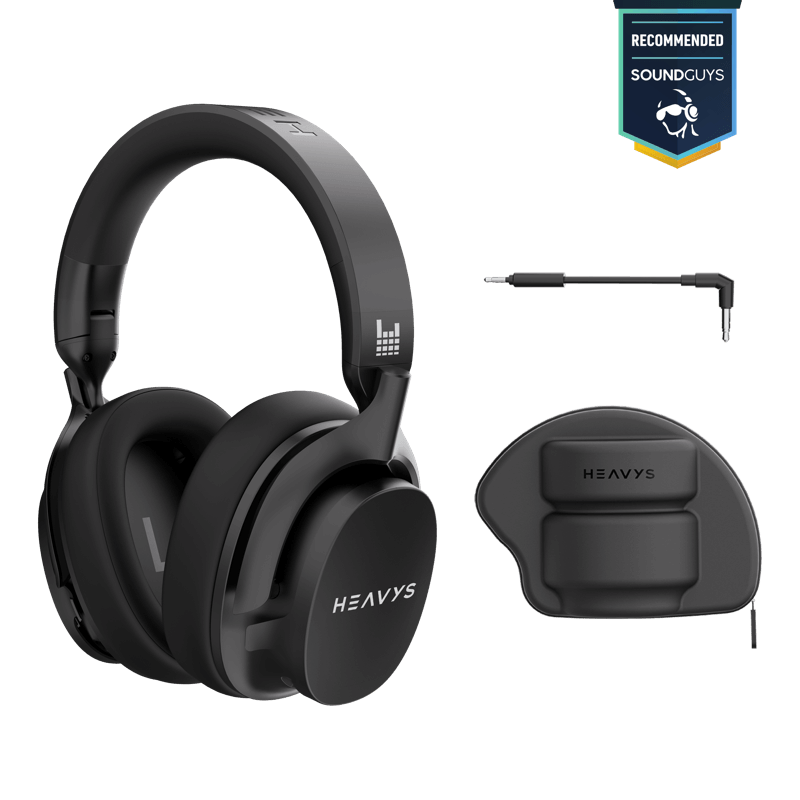 Heavys H1H with hard travel case and aux cable, carrying the Recommended by SoundGuys badge
